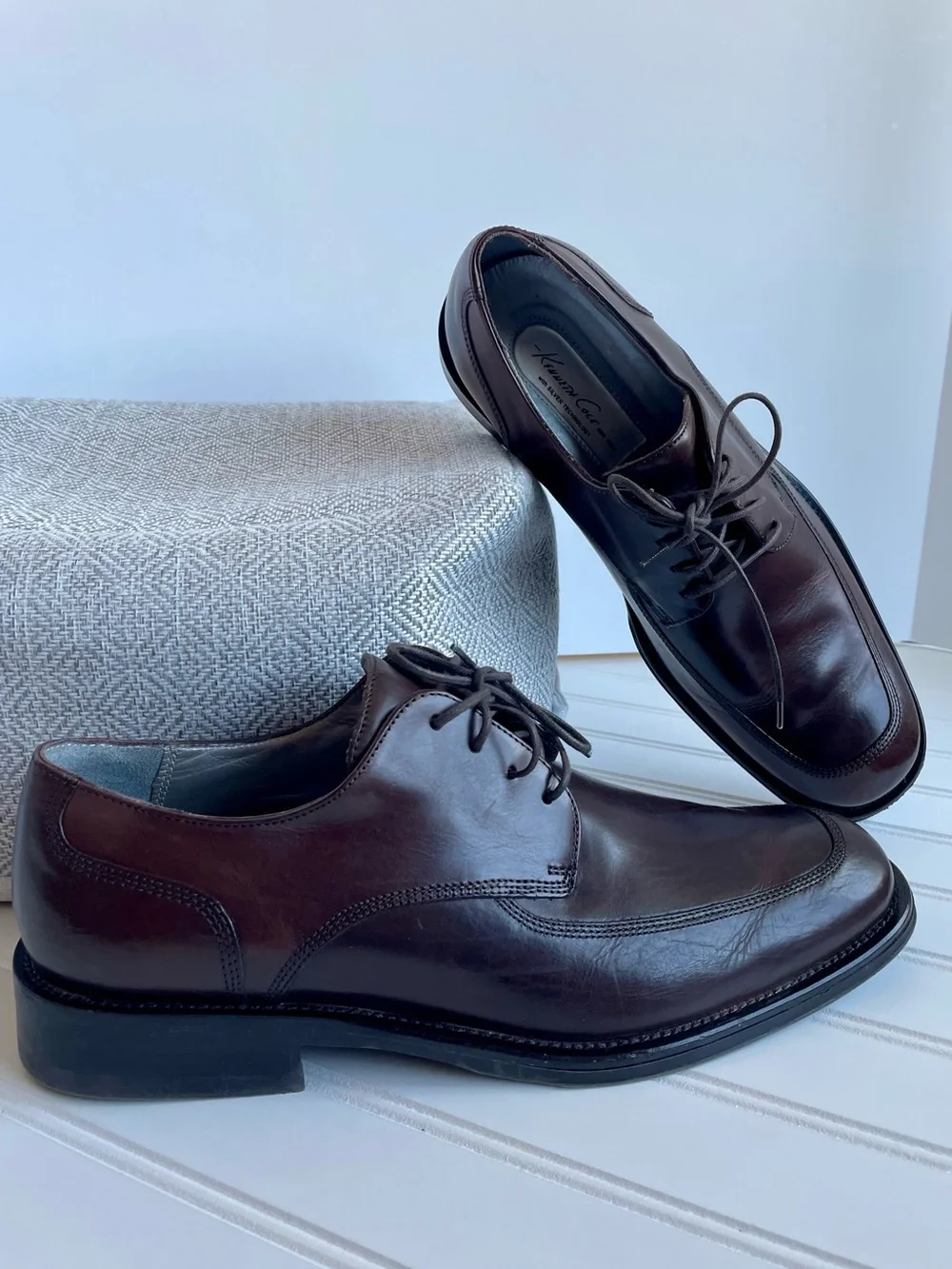 Kenneth Cole New York Brown Leather Dress Shoe Derby Silver Tech Square Toe Sz10